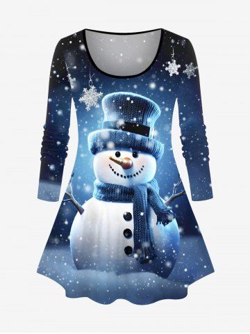 Plus Size Christmas Snowflake Snowman Glitter Ombre Galaxy Print Long Sleeves T-shirt - BLUE - S