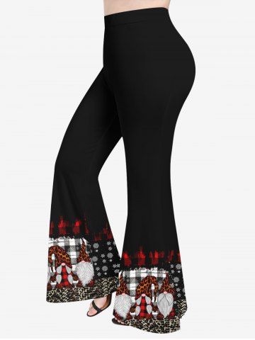 Plus Size Christmas Hat Santa Claus Leopard Plaid Print Flare Pants - BLACK - M