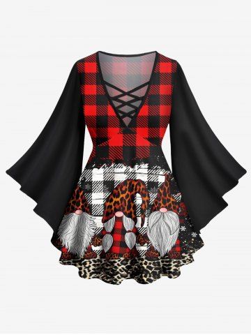 Plus Size Christmas Hat Santa Claus Leopard Plaid Print Flare Sleeves Lattice T-shirt - BLACK - XS