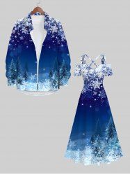 Tenue Grande Taille Imprimé Flocons de Neige et Sapin de Noël pour Couples de Noël - Bleu 