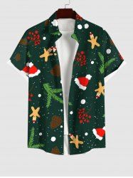 Plus Size Christmas Tree Hat Snowflake Gingerbread Heart Galaxy Print Button Pocket Shirt For Men -  
