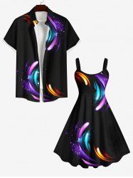 Tenue de Plage Tendance à Imprimé Pluie D'Etoiles Brillantes Grande-Taille pour Couples - Noir 