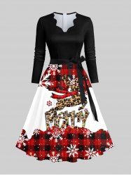 Robe de Noël Ligne A Festonnée Lettre et Flocon de Neige Imprimés de Grande Taille avec Ceinture - Multi-A XL