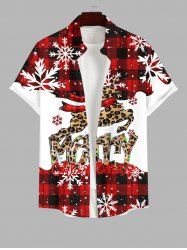 Plus Size Christmas Snowflake Plaid Leopard Elk Letters Print Button Pocket Shirt For Men -  