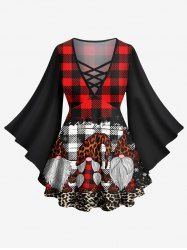 Plus Size Christmas Hat Santa Claus Leopard Plaid Print Flare Sleeves Lattice T-shirt -  
