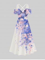 Plus Size Watercolor Flowers Leaf Print Cold Shoulder Crisscross Hawaii Maxi Dress -  