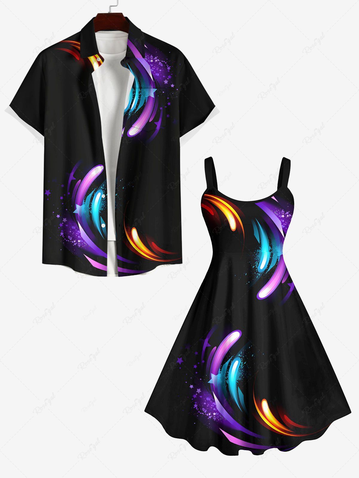 Tenue de Plage Tendance à Imprimé Pluie D'Etoiles Brillantes Grande-Taille pour Couples Noir 