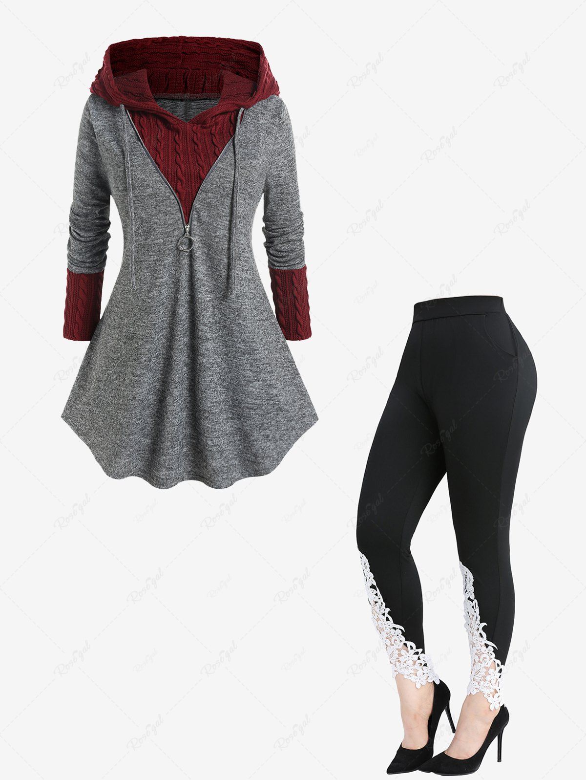 Affordable Hooded Drawstring Mixed Media Top and Appliques Lace Pocket Leggings Plus Size Outfit  