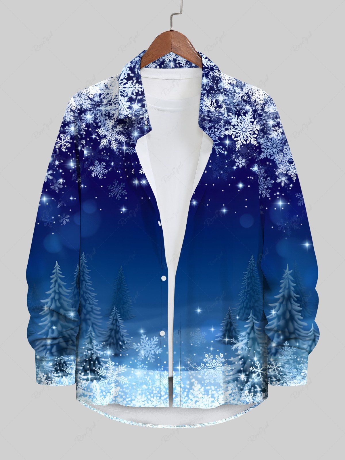 Shop Plus Size Christmas Tree Snowflake Print Buttons Pocket Long Sleeve Shirt For Men  