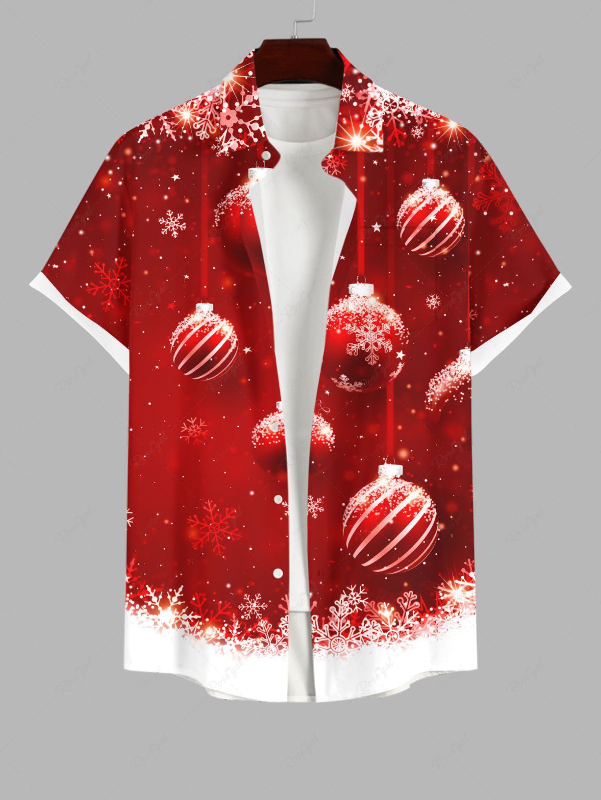 Fancy Plus Size Christmas Ball Snowflake Colorblock Print Buttons Pocket Shirt For Men  