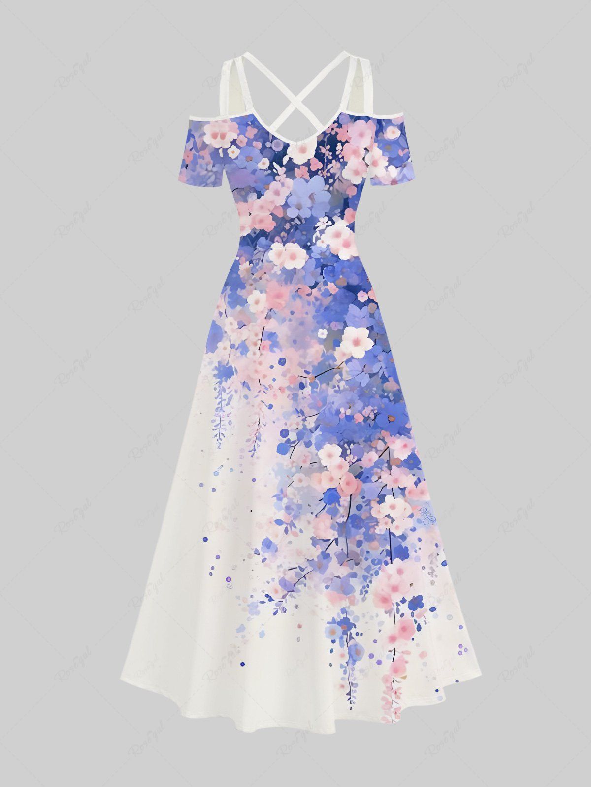 Discount Plus Size Watercolor Flowers Leaf Print Cold Shoulder Crisscross Hawaii Maxi Dress  