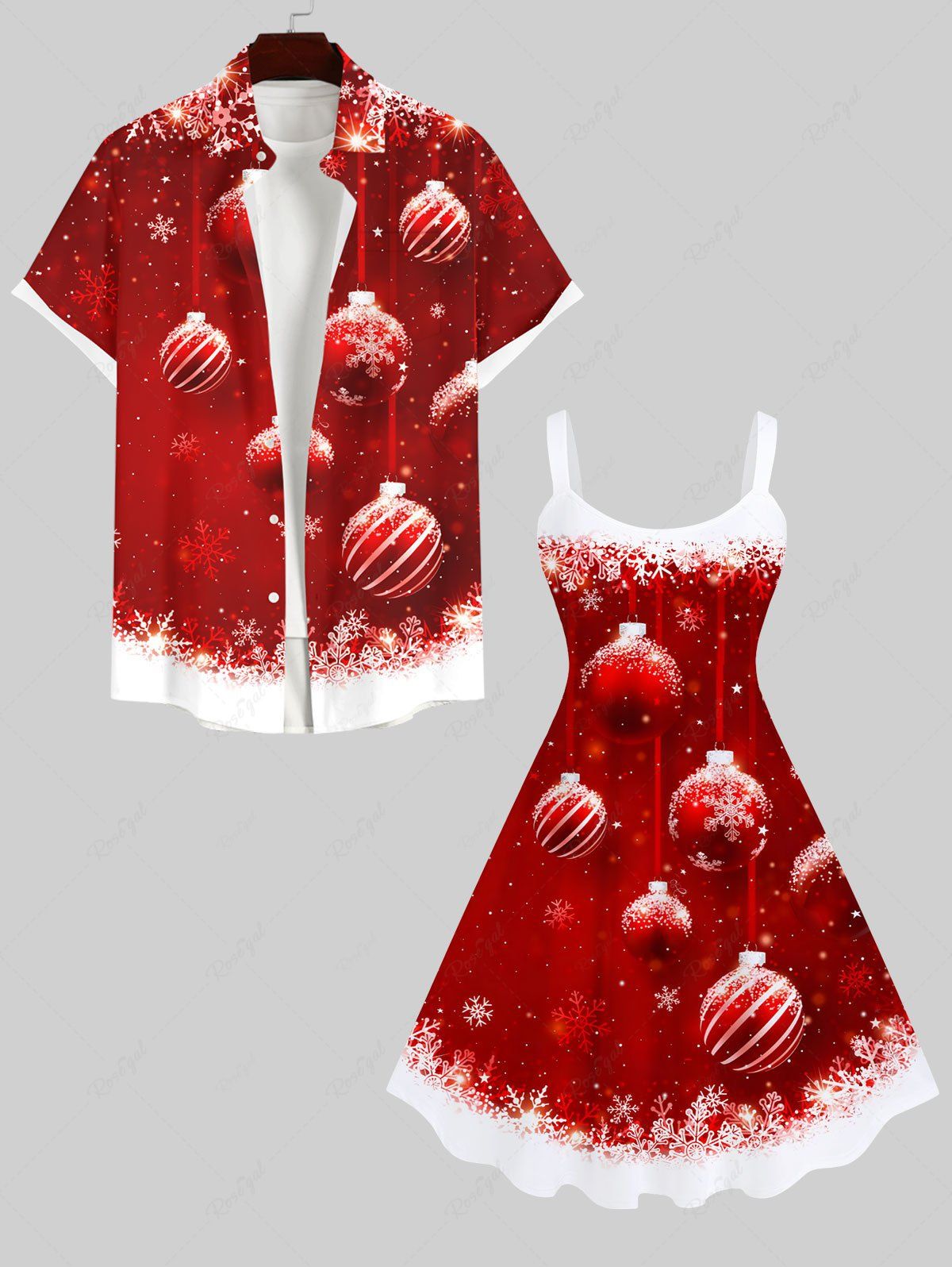 Tenue Contrastante Imprimé Flocon de Neige et Boules de Noël Grande Taille pour Couples Rouge 