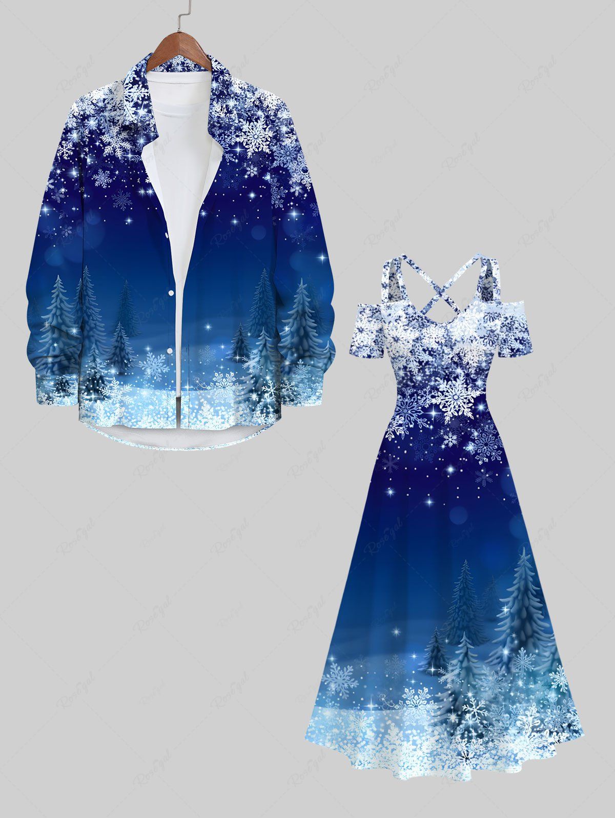 Tenue Grande Taille Imprimé Flocons de Neige et Sapin de Noël pour Couples de Noël Bleu 
