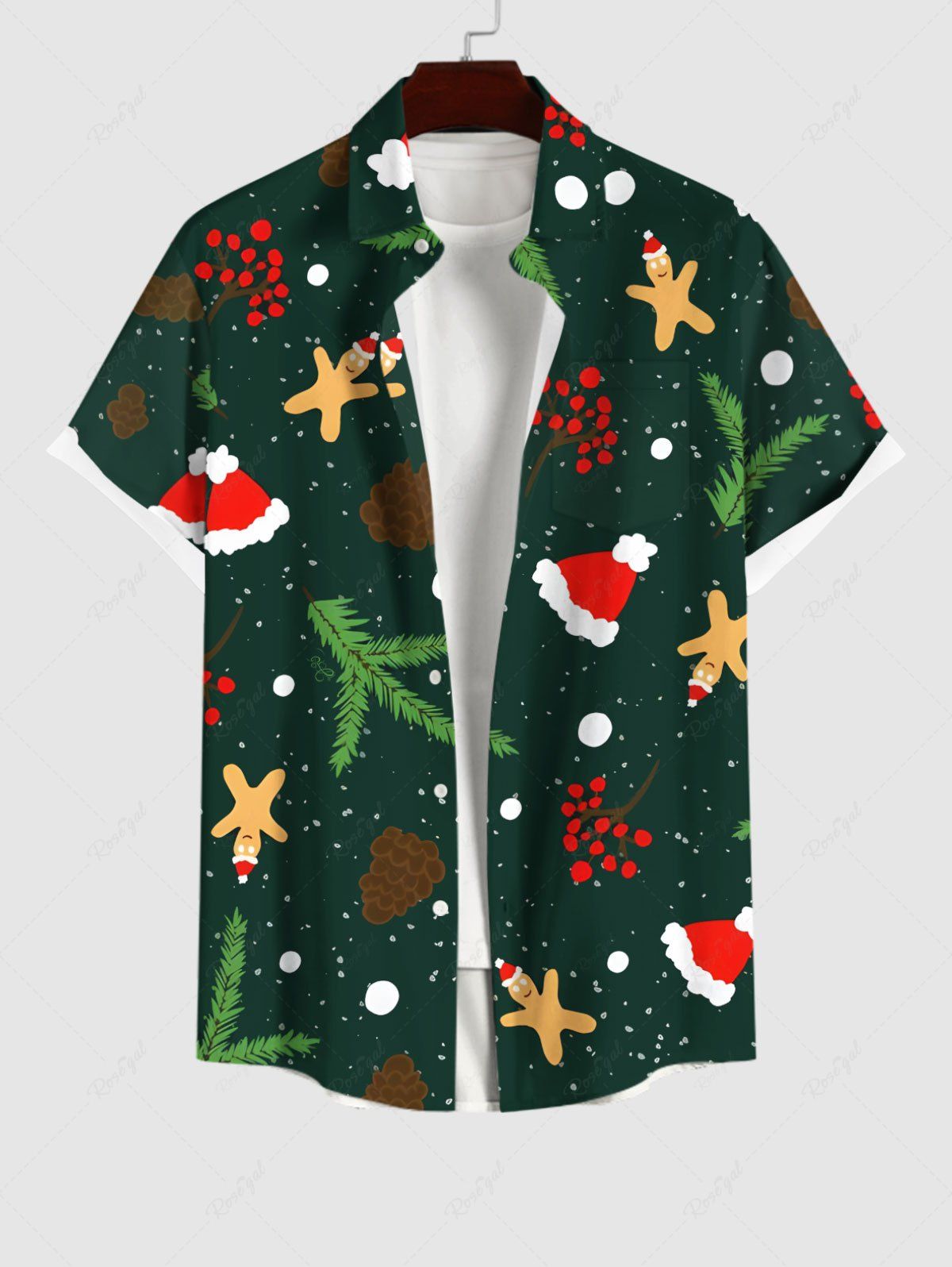 Discount Plus Size Christmas Tree Hat Snowflake Gingerbread Heart Galaxy Print Button Pocket Shirt For Men  