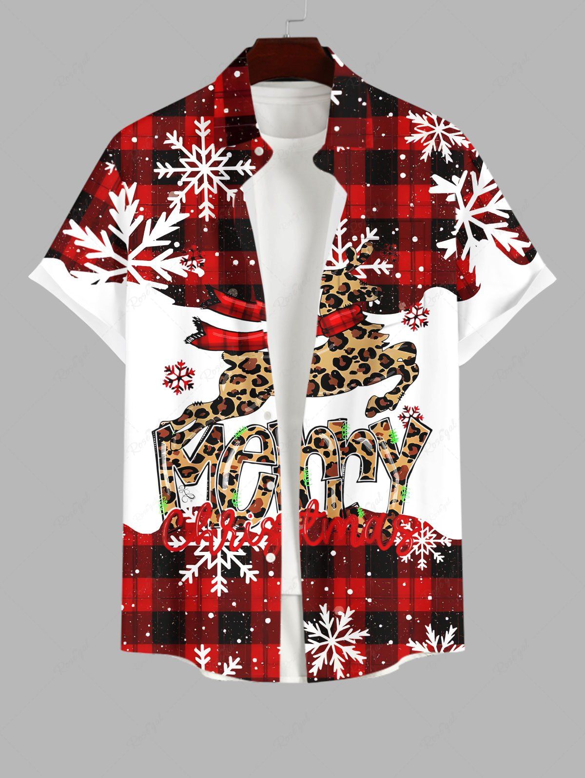 Shop Plus Size Christmas Snowflake Plaid Leopard Elk Letters Print Button Pocket Shirt For Men  