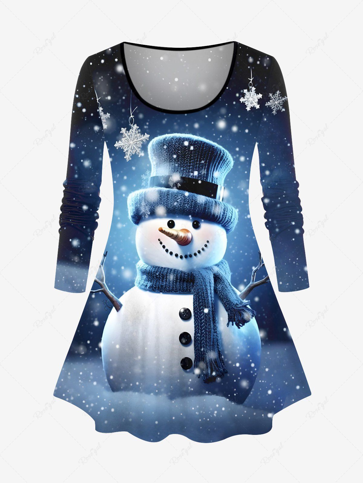 Outfit Plus Size Christmas Snowflake Snowman Glitter Ombre Galaxy Print Long Sleeves T-shirt  