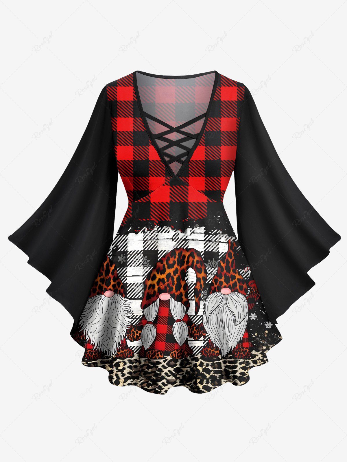 Affordable Plus Size Christmas Hat Santa Claus Leopard Plaid Print Flare Sleeves Lattice T-shirt  