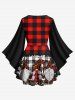 Plus Size Christmas Hat Santa Claus Leopard Plaid Print Flare Sleeves Lattice T-shirt -  
