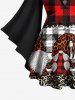 Plus Size Christmas Hat Santa Claus Leopard Plaid Print Flare Sleeves Lattice T-shirt -  