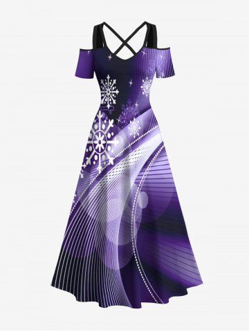 Plus Size Christmas Snowflake Curve Light Beam Ombre Print Cold Shoulder Crisscross Maxi Dress - PURPLE - S