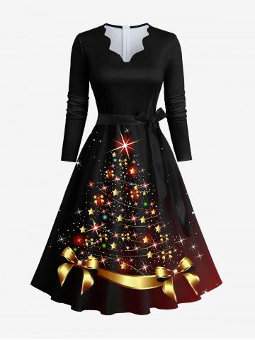 Plus Size Christmas Tree Star Bowknot Glitter 3D Print Scalloped V Neck Dress With A Belt - BLACK - 6XL