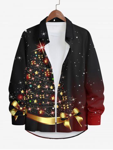 Plus Size Christmas Tree Star Bowknot Glitter 3D Print Buttons Pocket Long Sleeve Shirt For Men - BLACK - 8XL