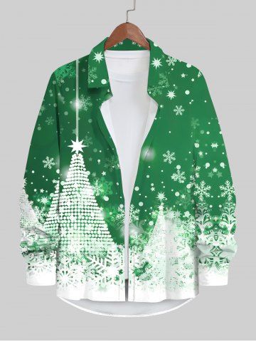 Plus Size Glitter Christmas Tree Snowflake Print Button Long Sleeves Shirt For Men - GREEN - 7XL