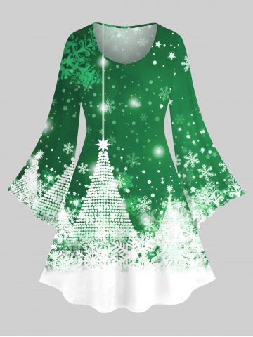 Plus Size Glitter Christmas Tree Snowflake Galaxy Print Flare Sleeves A Line Dress - GREEN - 1X