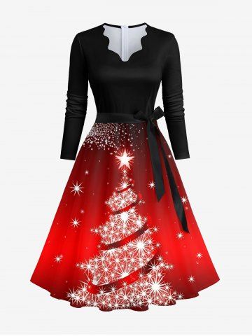 Plus Size Christmas Tree Star Ombre Glitter 3D Print Scalloped V Neck Dress With A Belt - MULTI-A - XL