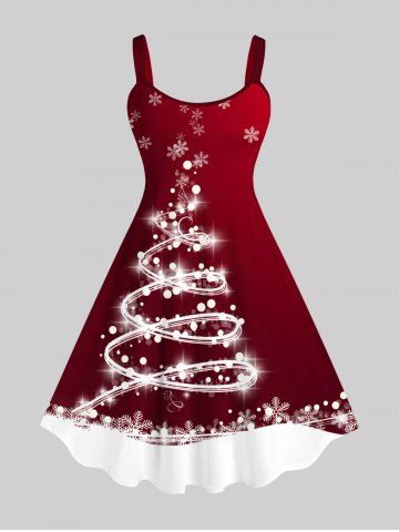 Plus Size Christmas Tree Light Beam Snowflake Ombre Colorblock 3D Print Tank Dress - RED - XS