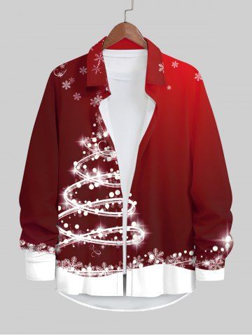 Plus Size Christmas Tree Light Beam Snowflake Ombre Colorblock 3D Print Buttons Pocket Shirt For Men - RED - 7XL