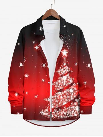 Plus Size Christmas Tree Star Ombre Glitter 3D Print Buttons Pocket Long Sleeve Shirt For Men - RED - 7XL