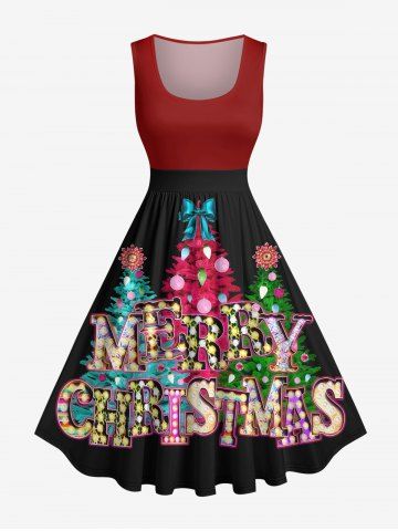 Plus Size Glitter Christmas Tree Light Letters Bowknot Print Vintage Swing A Line Dress - DEEP RED - M