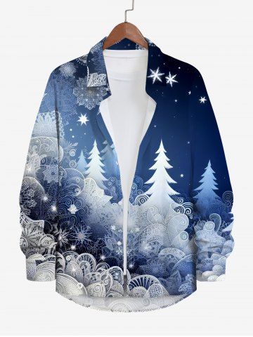 Plus Size Christmas Tree Snowflake Ombre Galaxy Print Button Long Sleeves Shirt For Men - BLUE - 7XL