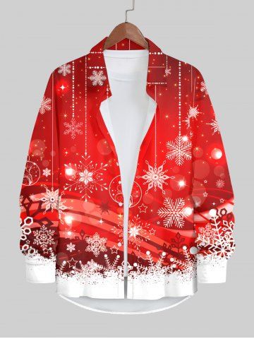 Plus Size Christmas Ball Snowflake Tassel Colorblock Glitter 3D Print Buttons Pocket Long Sleeve Shirt For Men - RED - L