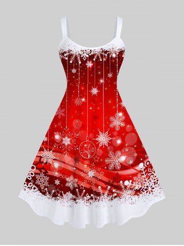 Robe Débardeur en Blocs de Couleurs 3D Flocon de Neige et Boule Imprimés de Grande Taille à Paillettes - RED - XS