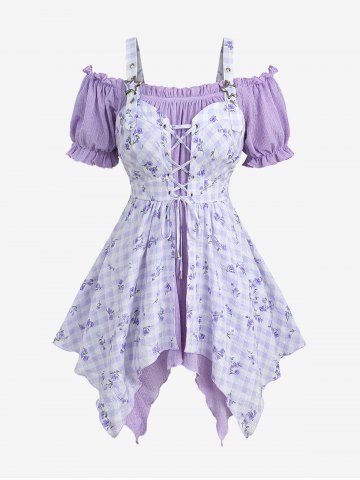 Plus Size Flowers Plaid Print Lace Up Ruffles Ruched Asymmetrical Cold Shoulder Blouse - LIGHT PURPLE - L | US 12
