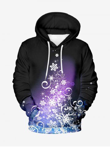Christmas Ombre Snowflake Curve Print Pocket Drawstring Pullover Long Sleeves Hoodie For Men - BLACK - 3XL
