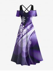 Plus Size Christmas Snowflake Curve Light Beam Ombre Print Cold Shoulder Crisscross Maxi Dress -  