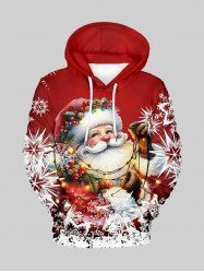 Sweat à Capuche Imprimé Flocon de Neige et Père Noël avec Poche Grande Taille pour Homme - Rouge L