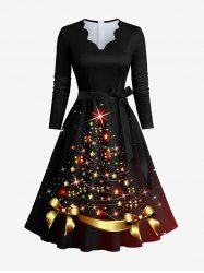 Plus Size Christmas Tree Star Bowknot Glitter 3D Print Scalloped V Neck Dress With A Belt -  