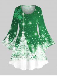 Robe Ligne A Sapin de Noël Galaxie Imprimés de Grande Taille à Manches Evasées - Vert 4X