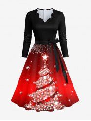 Robe Ligne A 3D Etoile Sapin de Noël Imprimés de Grande Taille à Col V avec Ceinture - Multi-A 5XL