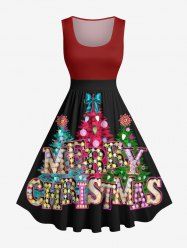 Plus Size Glitter Christmas Tree Light Letters Bowknot Print Vintage Swing A Line Dress -  