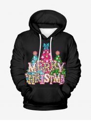 Plus Size Glitter Christmas Tree Light Letters Bowknot Print Pocket Drawstring Pullover Long Sleeves Hoodie For Men -  