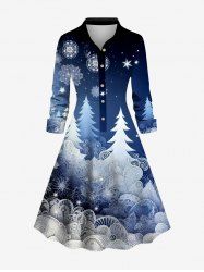 Plus Size Christmas Tree Snowflake Ombre Galaxy Print Half Button A Line Shirted Dress -  