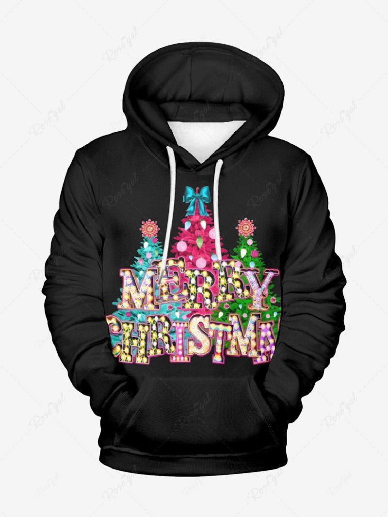 Latest Plus Size Glitter Christmas Tree Light Letters Bowknot Print Pocket Drawstring Pullover Long Sleeves Hoodie For Men  