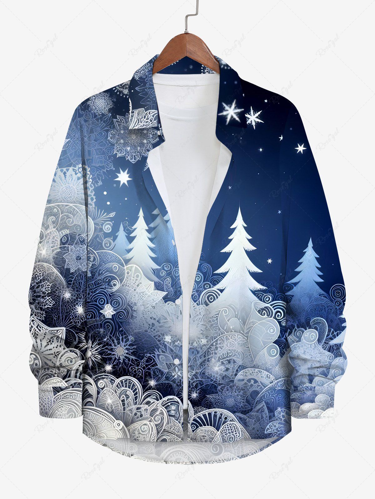 Unique Plus Size Christmas Tree Snowflake Ombre Galaxy Print Button Long Sleeves Shirt For Men  