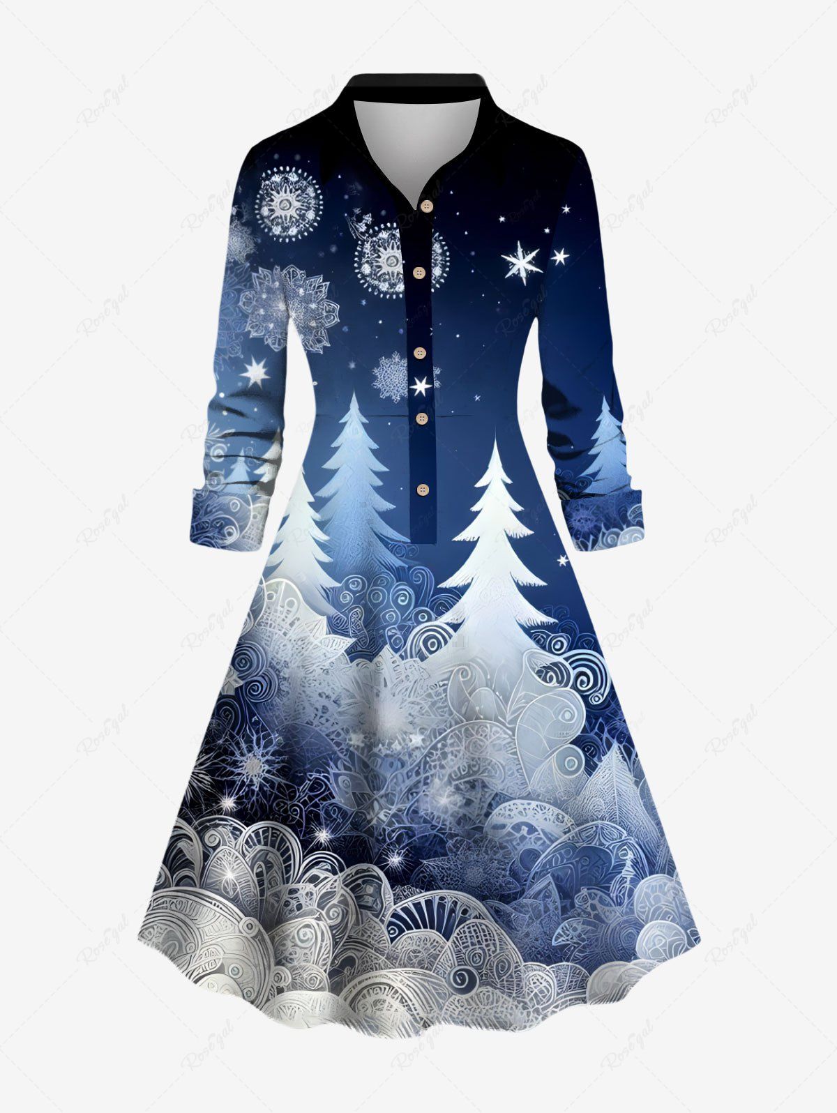 Affordable Plus Size Christmas Tree Snowflake Ombre Galaxy Print Half Button A Line Shirted Dress  