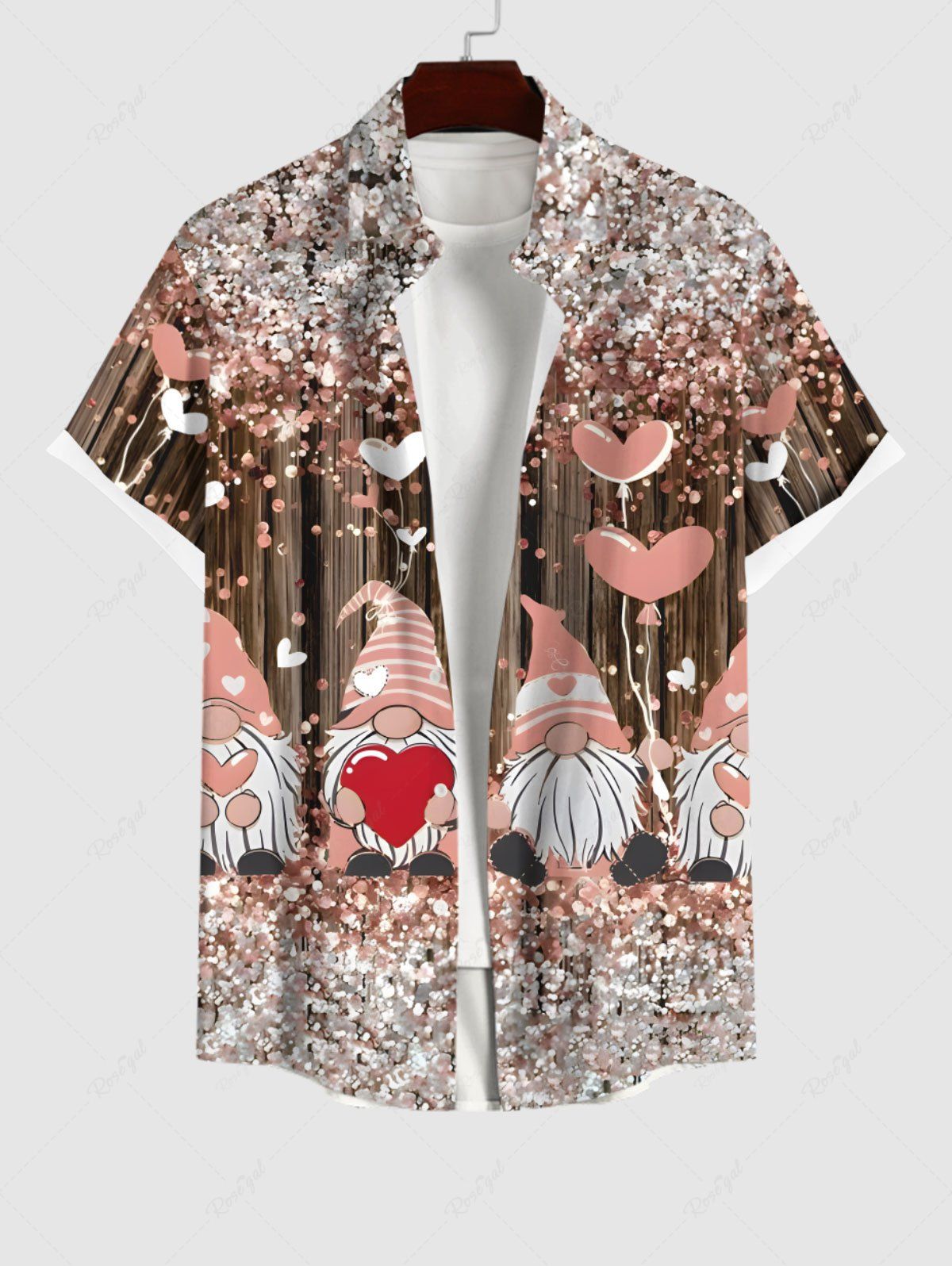 Chemise Plissée Détaillée avec Poches Brillantes et Boutons Imprimé Cœur de Noël Grande Taille pour Hommes Multi-A L